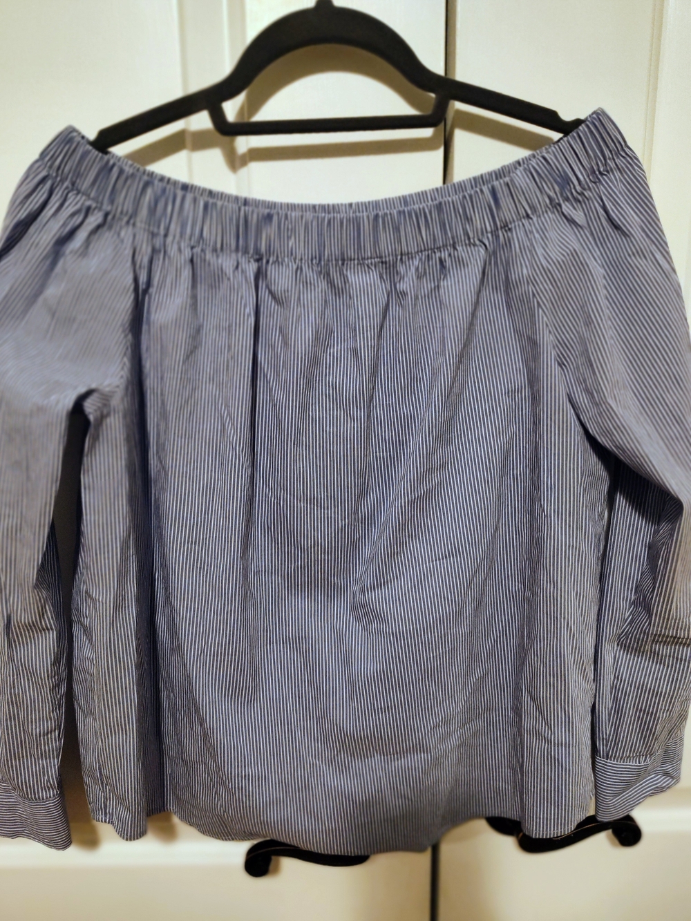 Zara Blue and White Pinstripe Off-the-Shoulder Blouse